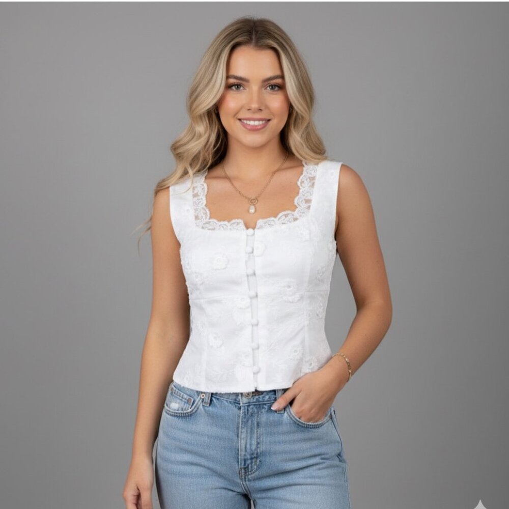 Boho Lace Button Down Tank Top White